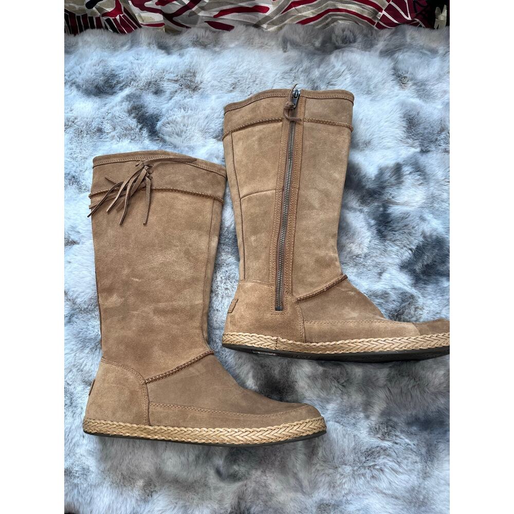 UGG Womens Chestnut Suede Leather Tall Fringe Zip Boots Moccasin Flat Size 9